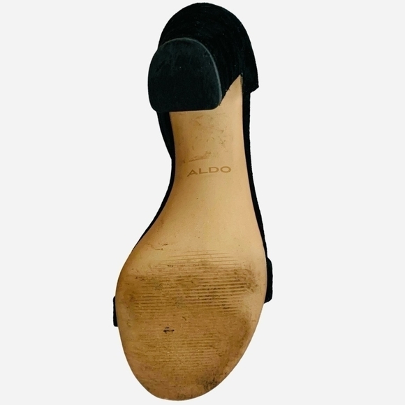 Women’s Shoes ALDO Suede Leather Open Toe Heel Sandals Black Ankle Strap Heels - Picture 6 of 7